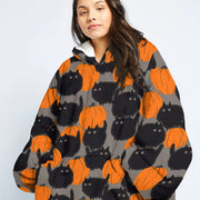 Black Cats Halloween Hoodie Fleece Blanket Oodie Blanket 3D , Unisex Oversized Hoodie Blanket