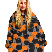 Black Cats Halloween Hoodie Fleece Blanket Oodie Blanket 3D , Unisex Oversized Hoodie Blanket