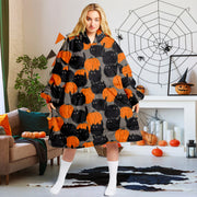 Black Cats Halloween Hoodie Fleece Blanket Oodie Blanket 3D , Unisex Oversized Hoodie Blanket